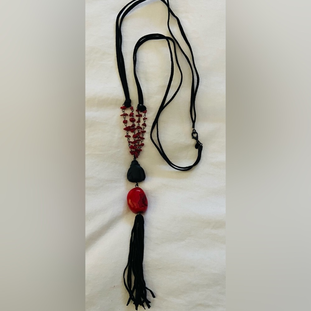 Coral Red, Black Stone & Leather Buddha Necklace.